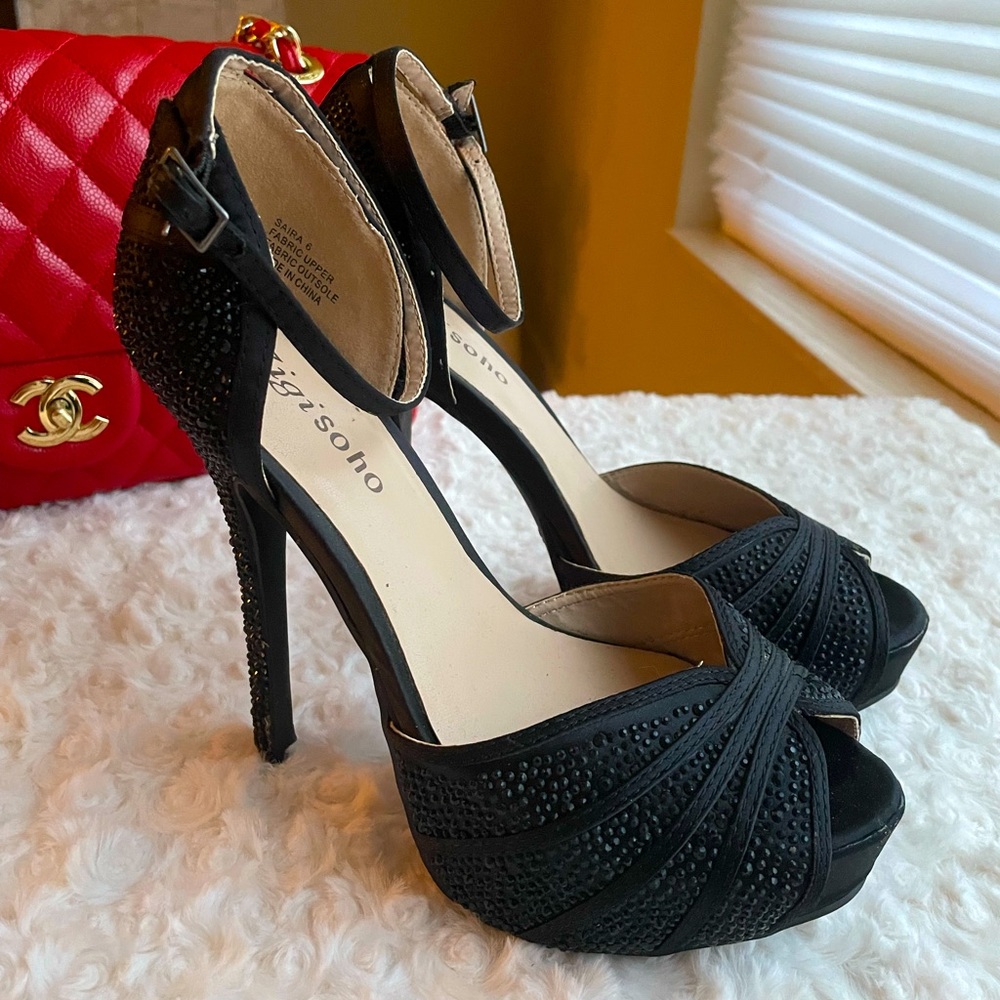 Glam Black Rhinestone Peep Toe Heels Size 6